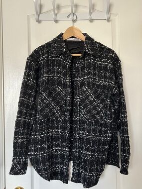 Black and White Tweed Button-Front Cardigan Jacket